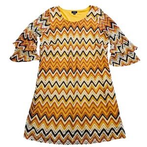 Tacera Womens 2X Chevron Crochet Lace Ruffle Bell Sleeve Shift Dress Yellow